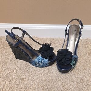 Ina Women's Navy and Black Floral Wedges